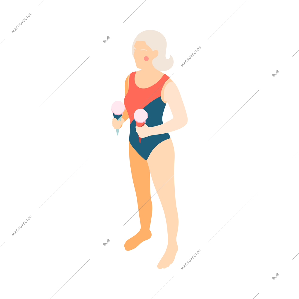Modern elderly people isometric composition with human character of old woman in swimsuit holding icecream vector illustration