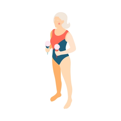 Modern elderly people isometric composition with human character of old woman in swimsuit holding icecream vector illustration