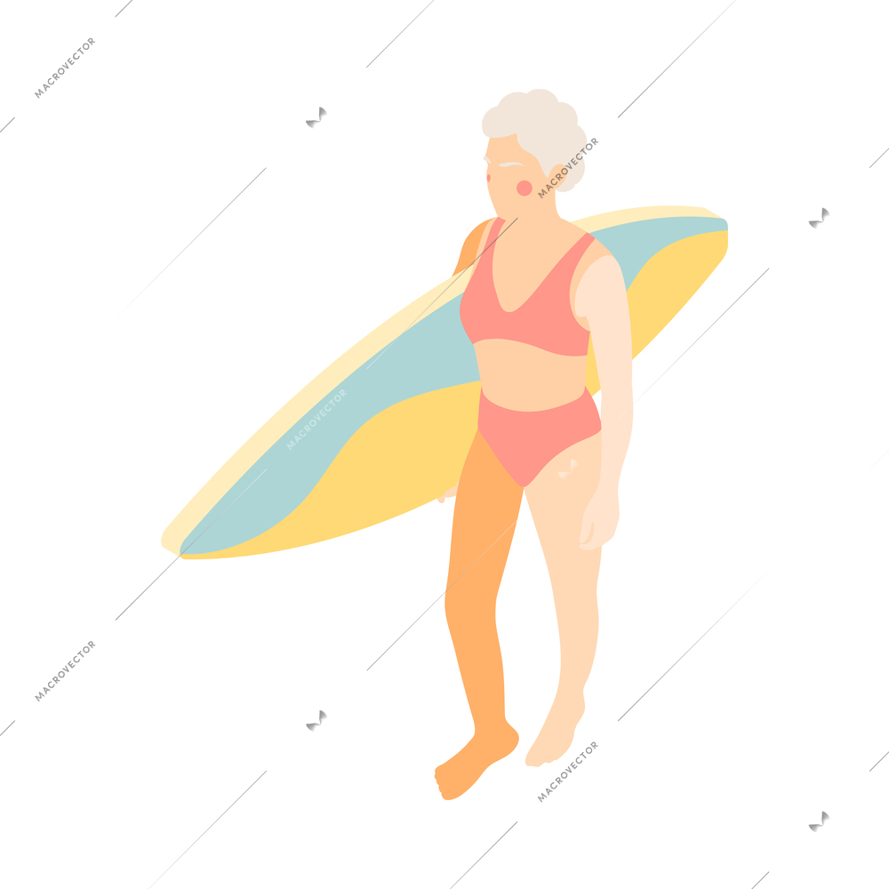 Modern elderly people isometric composition with human character of old woman in bikini holding surfboard vector illustration