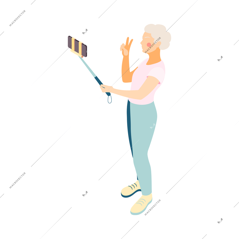 Modern elderly people isometric composition with human character of old woman with selfie stick vector illustration