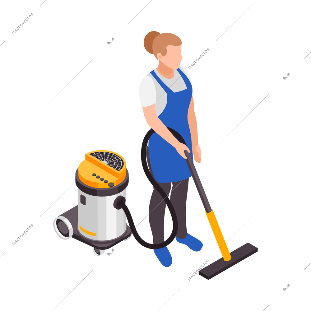 Professional cleaning service isometric composition with character of woman with vacuum cleaner on blank background vector illustration