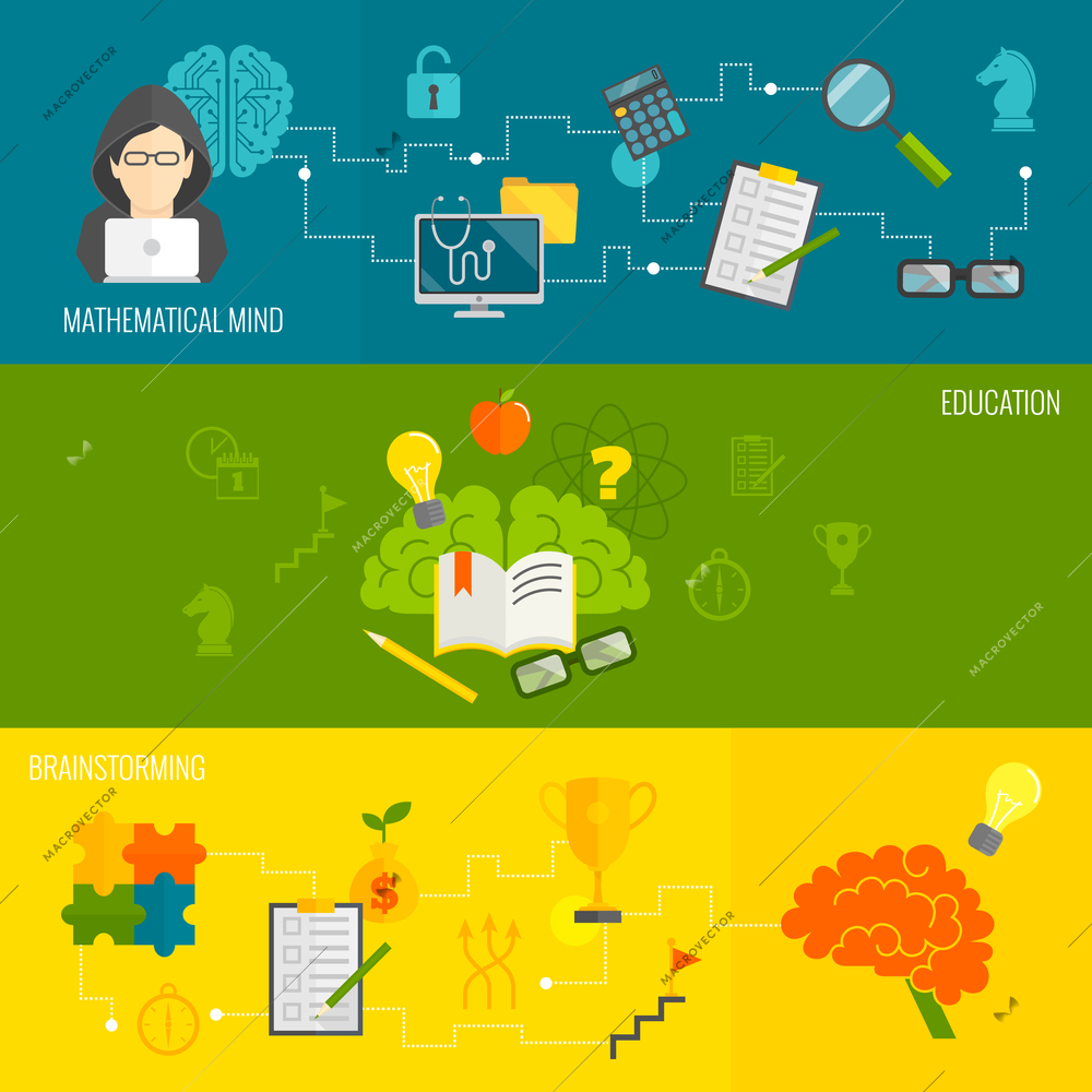 Brain thinking banner flat set with mathematical mind brainstorming education isolated vector illustration