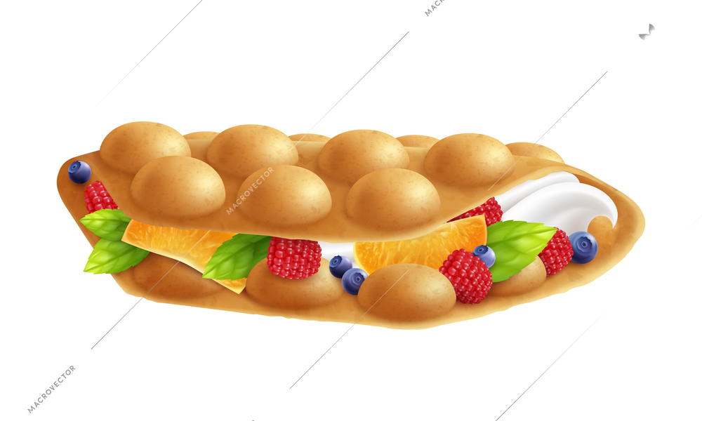 Bubble hong kong waffles realistic composition with isolated image of sweet sandwich with berries and fruits vector illustration