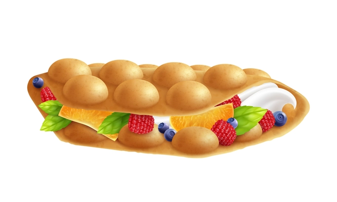 Bubble hong kong waffles realistic composition with isolated image of sweet sandwich with berries and fruits vector illustration