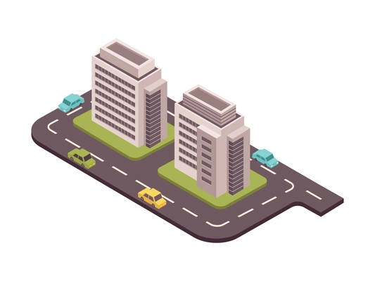 Road set isometric composition with view of two houses surrounded by motorway with cars vector illustration