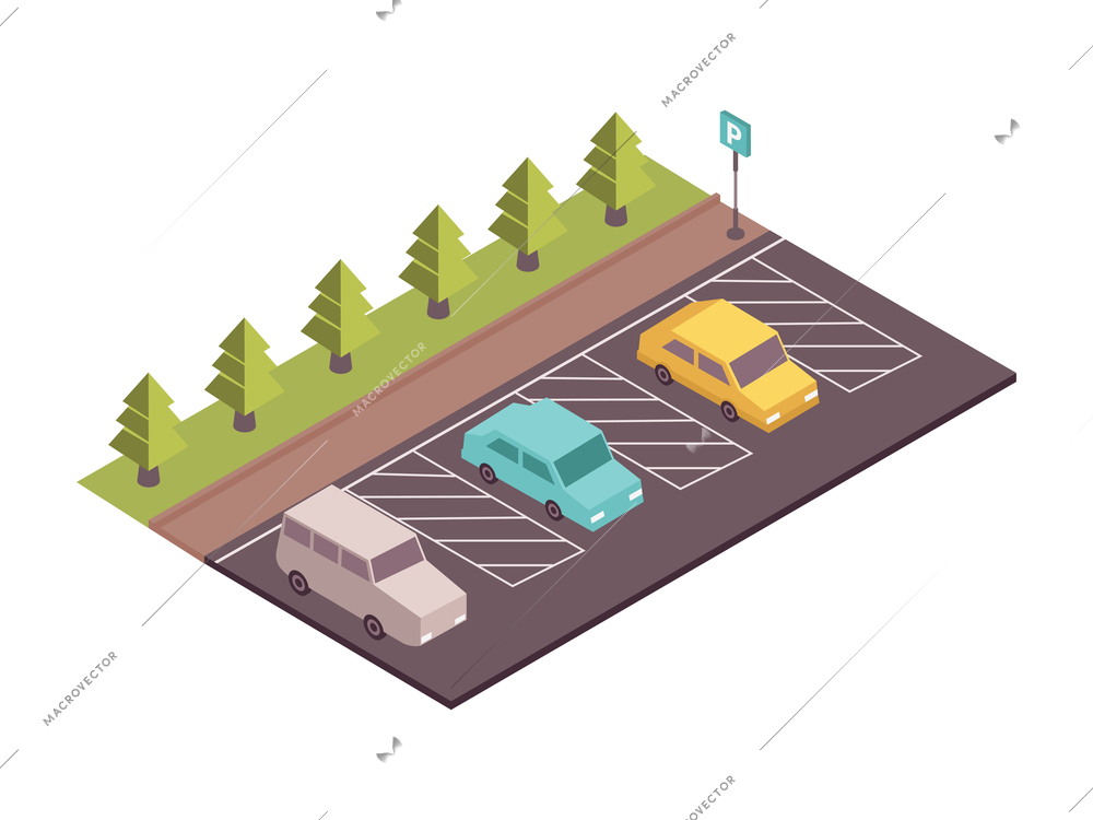 Road set isometric composition with view of parking area with cars trees and traffic signs vector illustration