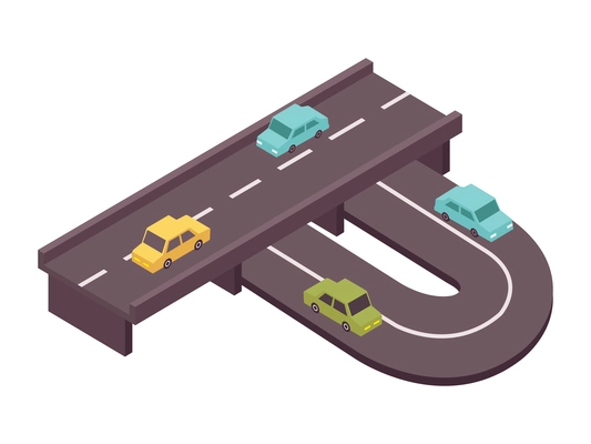 Road set isometric composition with view of motorways with flyover and moving cars vector illustration