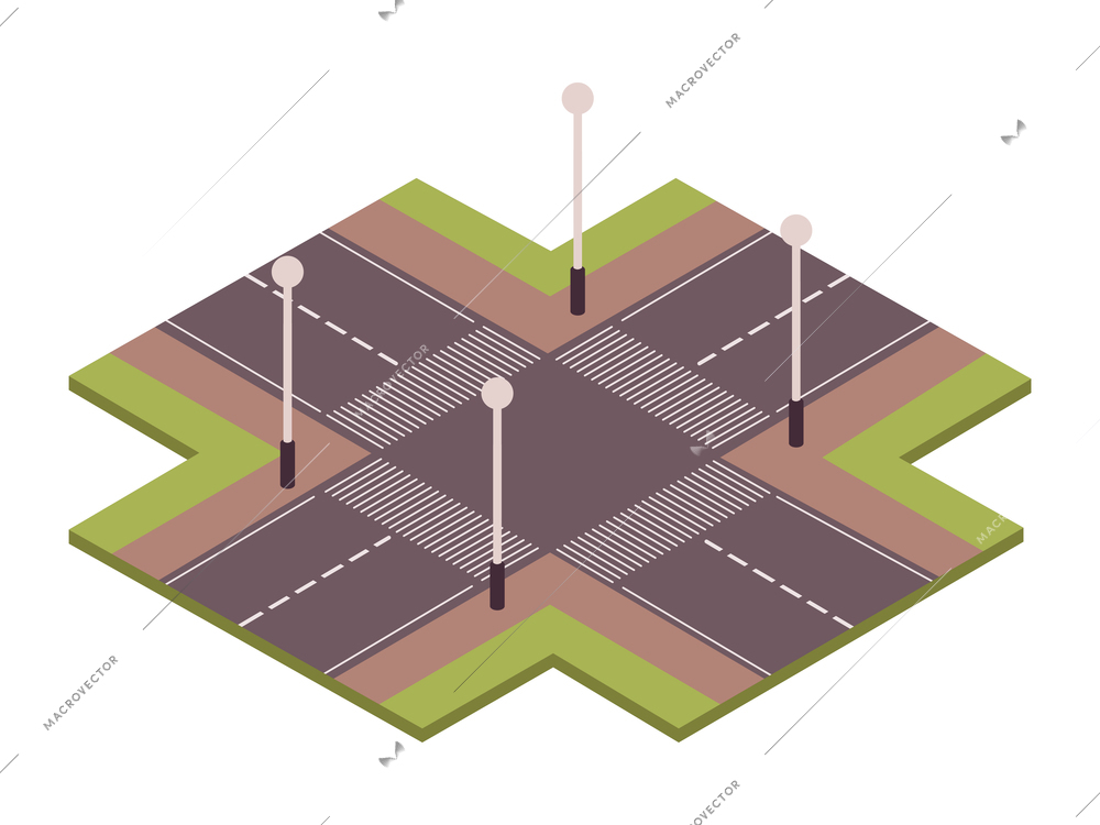 Road set isometric composition with view of uncontrolled road intersection with zebra crossings vector illustration