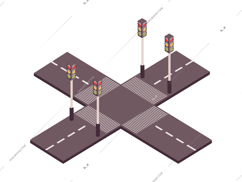 Road set isometric composition with view of road intersection with traffic lights and zebra crossings vector illustration