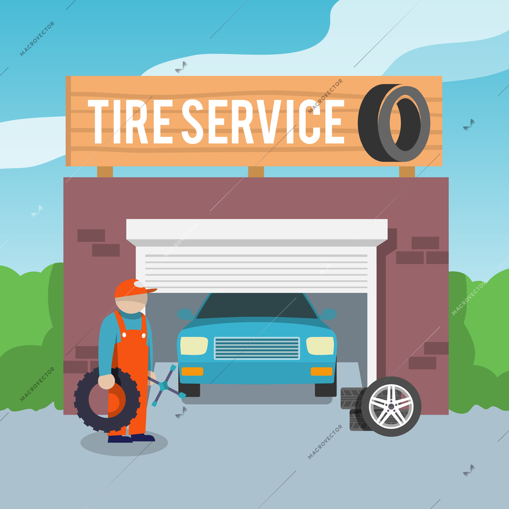 Tire wheel service shop garage with car and mechanic flat vector illustration