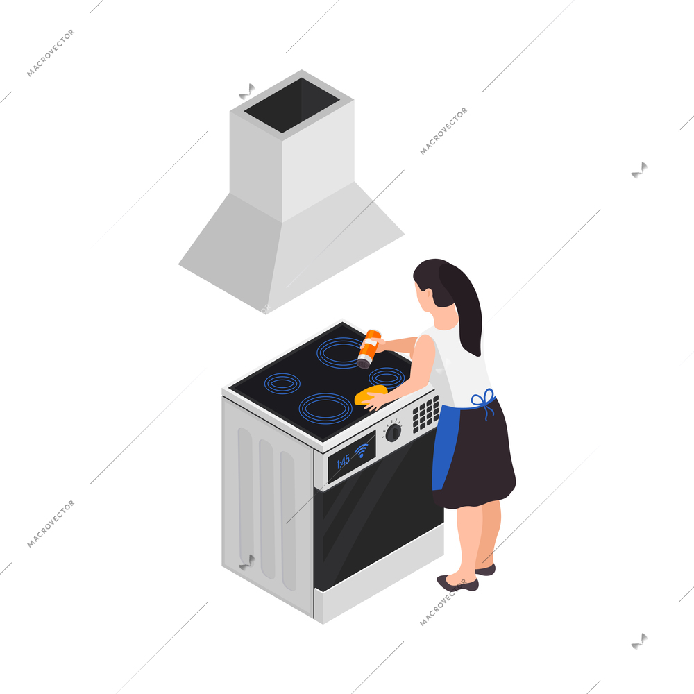 Professional cleaning service isometric composition with character of woman cleaning kitchen range on blank background vector illustration