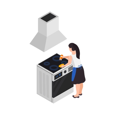 Professional cleaning service isometric composition with character of woman cleaning kitchen range on blank background vector illustration