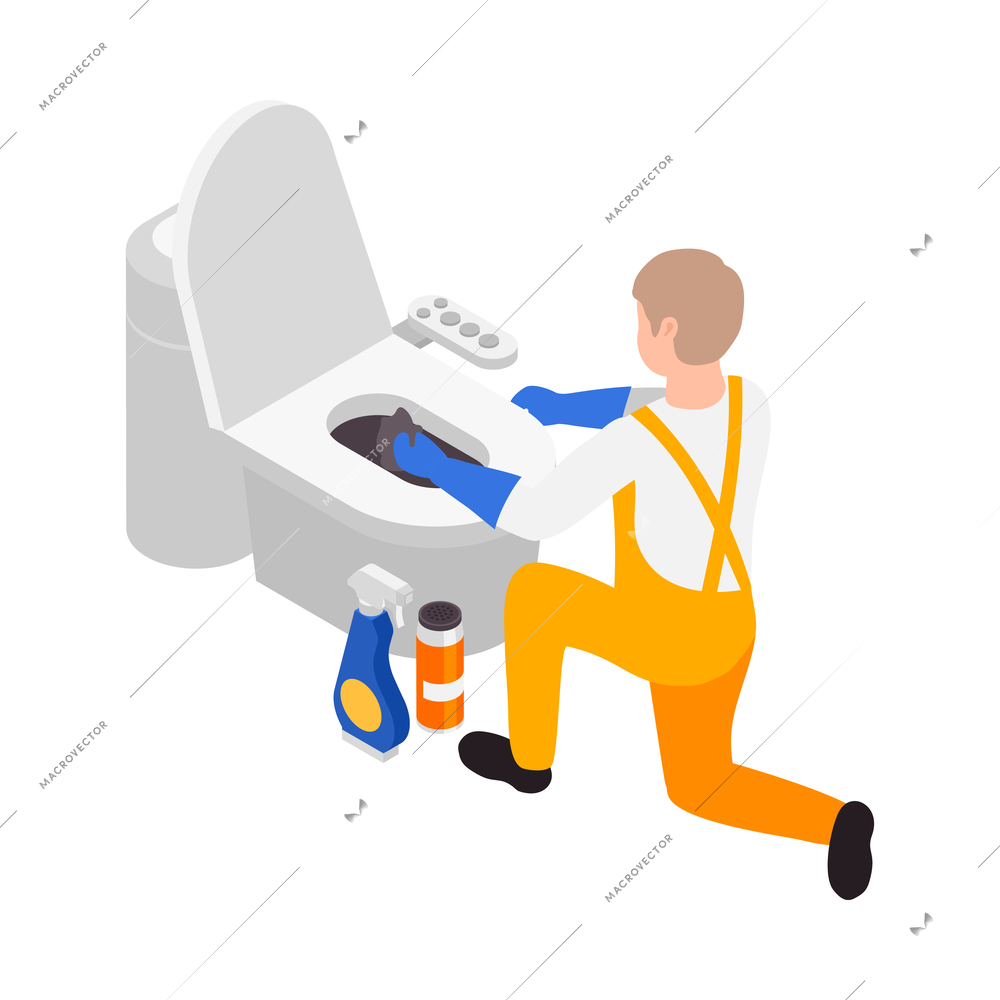 Professional cleaning service isometric composition with character of man cleaning toilet bowl on blank background vector illustration