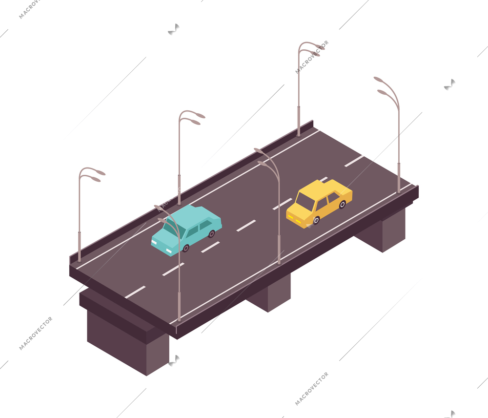 Road set isometric composition with view of motorway on flyover with cars and lamp posts vector illustration