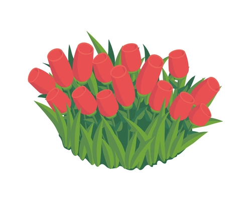 Isometric city park elements composition with isolated image of flowerbed with red tulips on blank background vector illustration