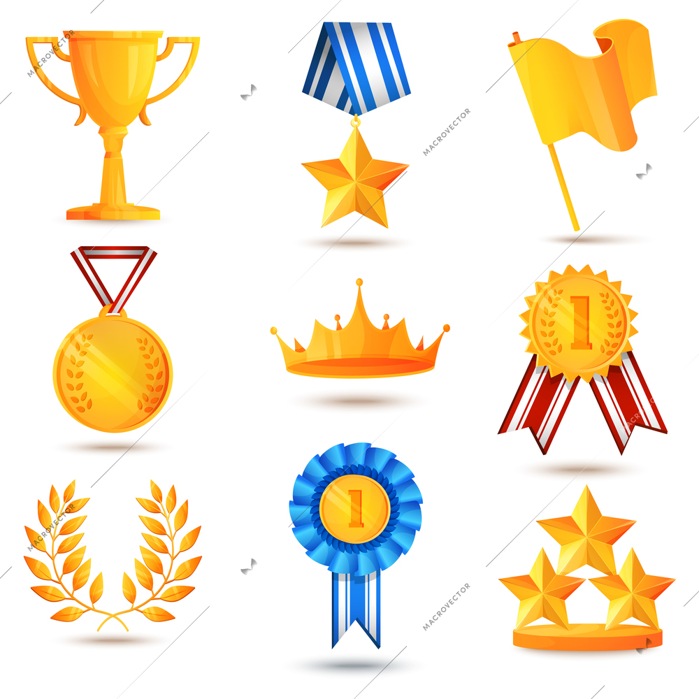 Award icons set of trophy medal winner prize champion cup isolated vector illustration