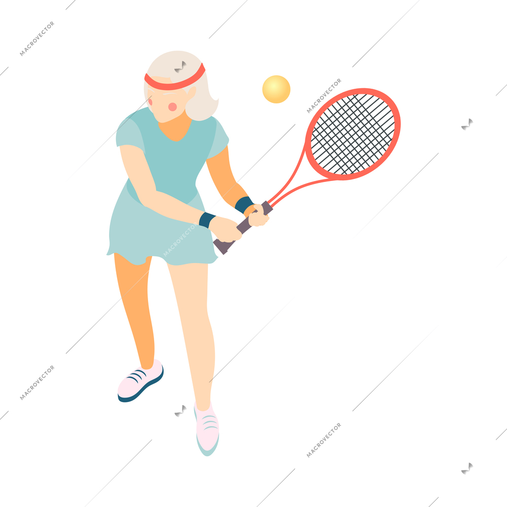 Modern elderly people isometric composition with human character of old woman with tennis racket and ball vector illustration
