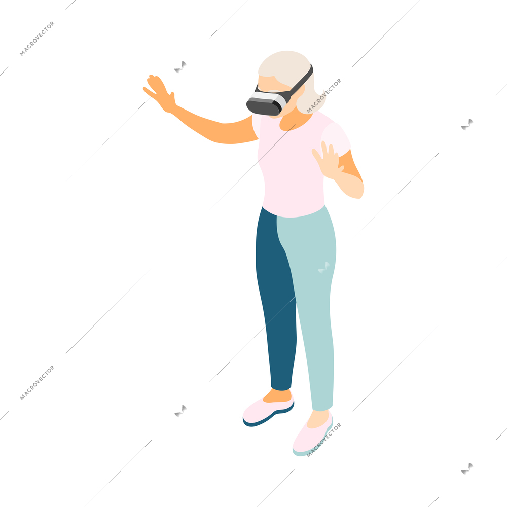 Modern elderly people isometric composition with human character of old woman wearing vr headset vector illustration