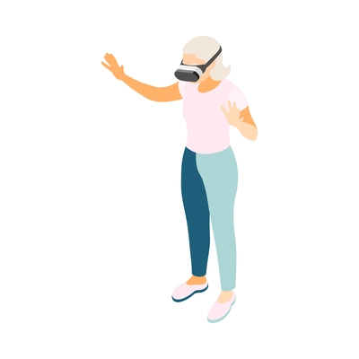 Modern elderly people isometric composition with human character of old woman wearing vr headset vector illustration