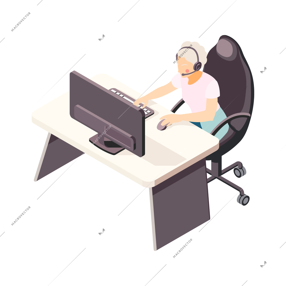 Modern elderly people isometric composition with old woman character sitting at computer table playing video game vector illustration