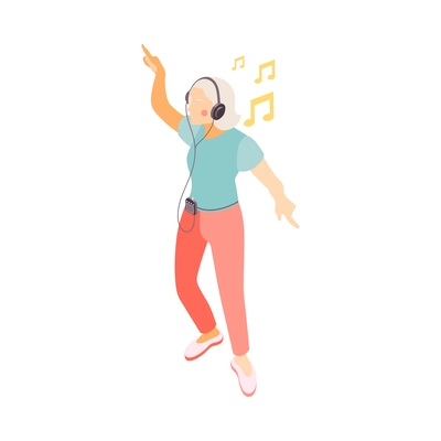 Modern elderly people isometric composition with human character of old woman dancing in headphones vector illustration