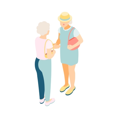 Modern elderly people isometric composition with human characters of old women meeting each other vector illustration