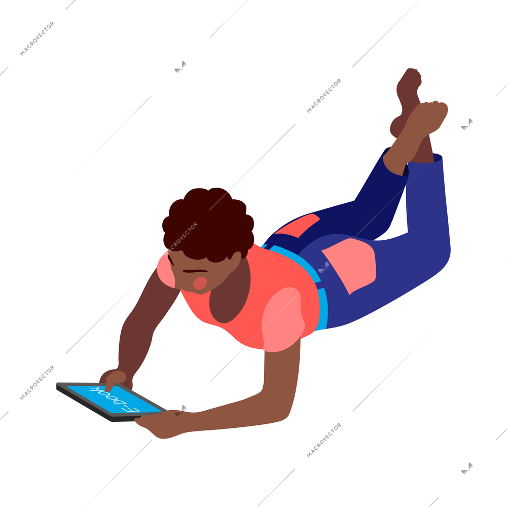 Women and technology isometric composition with african american woman lying with tablet reading electronic book vector illustration