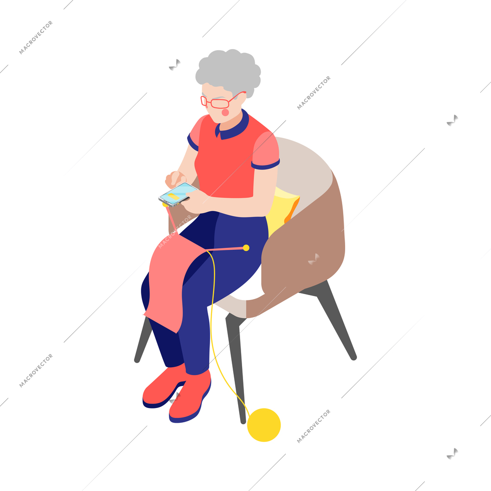 Women and technology isometric composition with character of elderly woman holding knitted handicraft and smartphone vector illustration