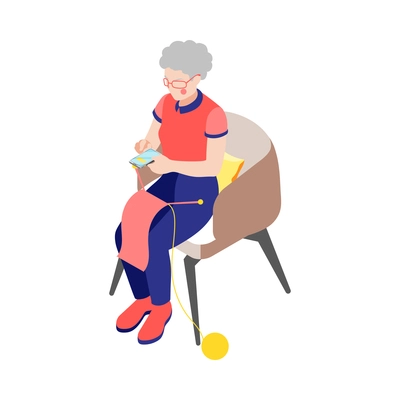 Women and technology isometric composition with character of elderly woman holding knitted handicraft and smartphone vector illustration