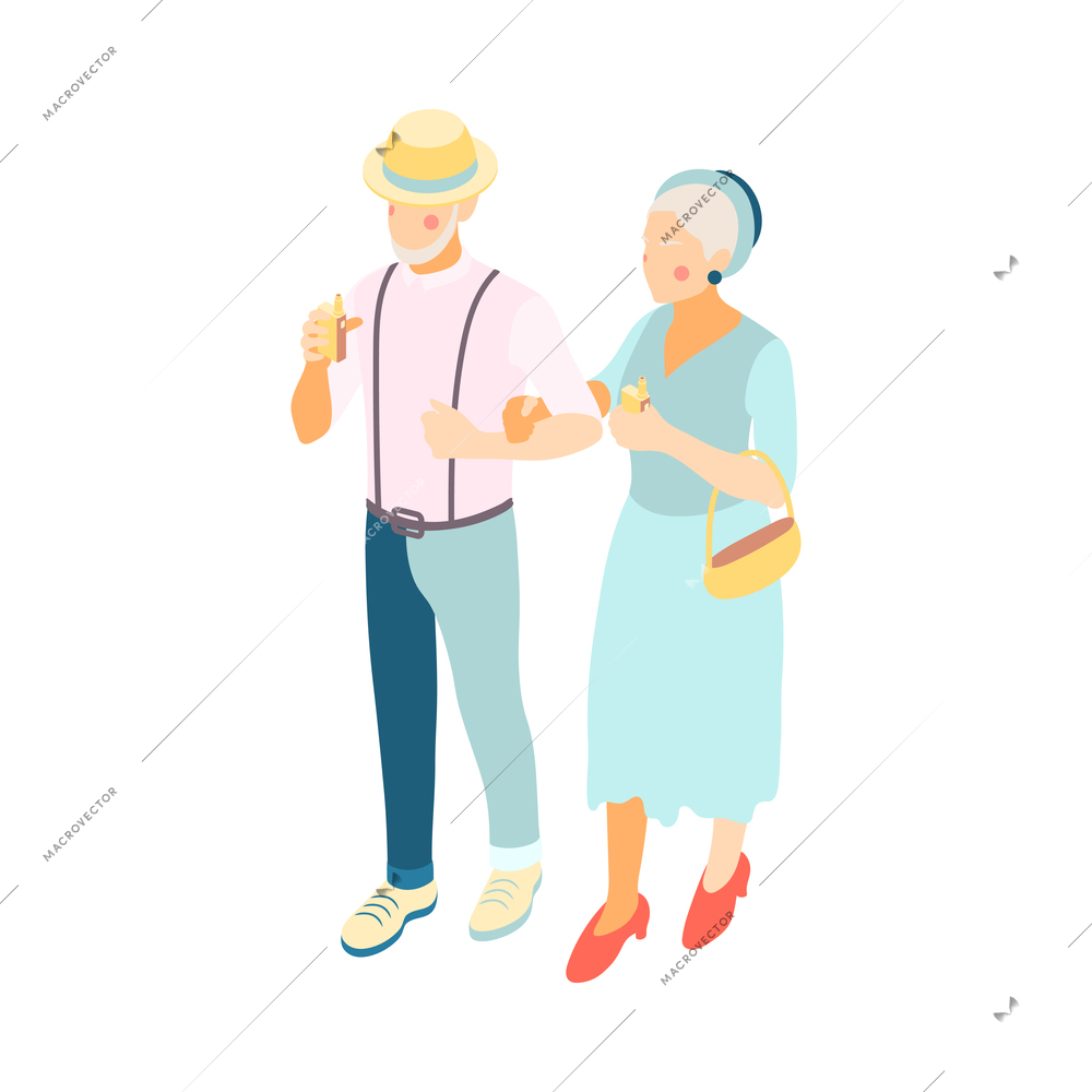 Modern elderly people isometric composition with human characters of old man and woman wearing fashionable clothes vector illustration