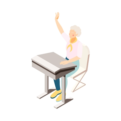 Modern elderly people isometric composition with human character of old woman sitting at desk raising hand vector illustration