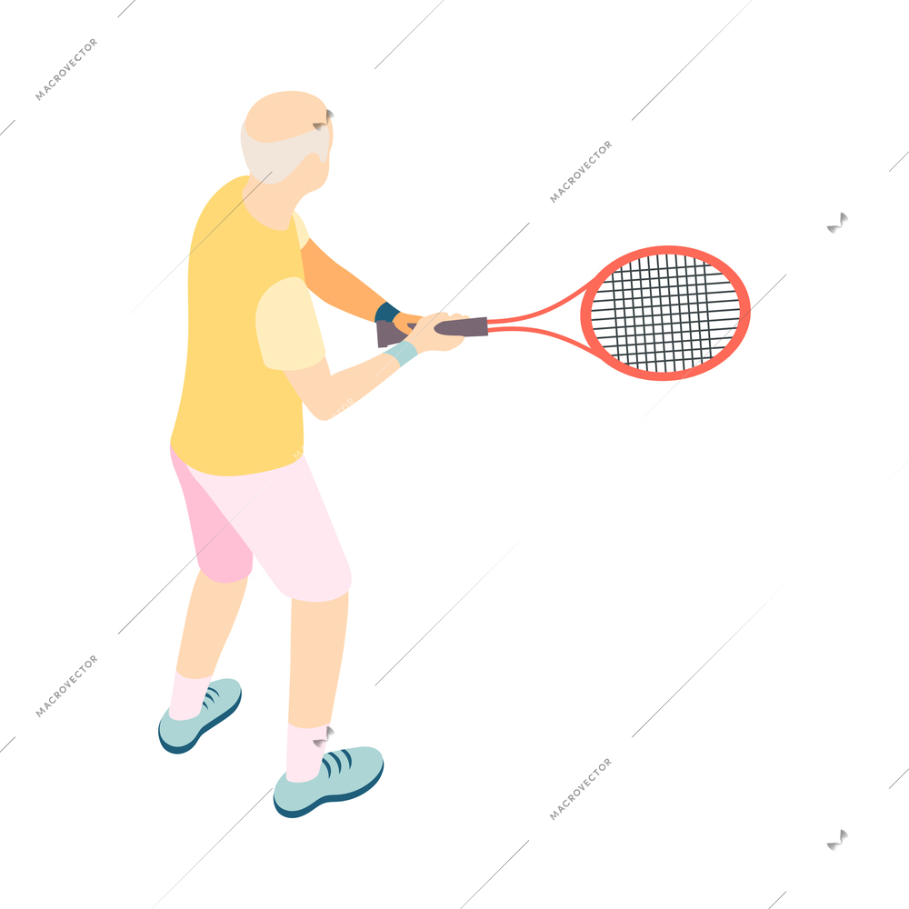 Modern elderly people isometric composition with human character of old man holding tennis racket vector illustration