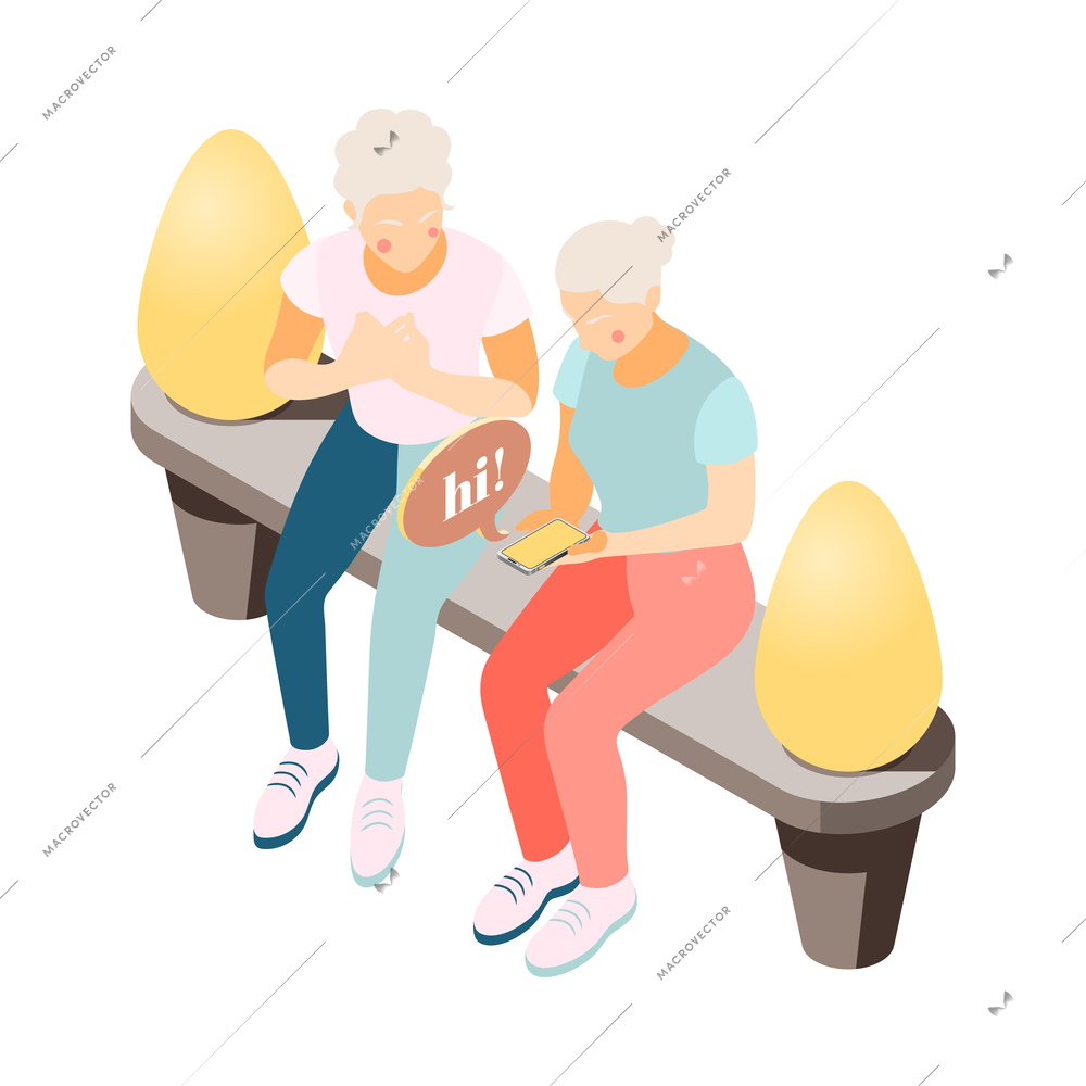 Modern elderly people isometric composition with human characters of old women sitting on bench vector illustration