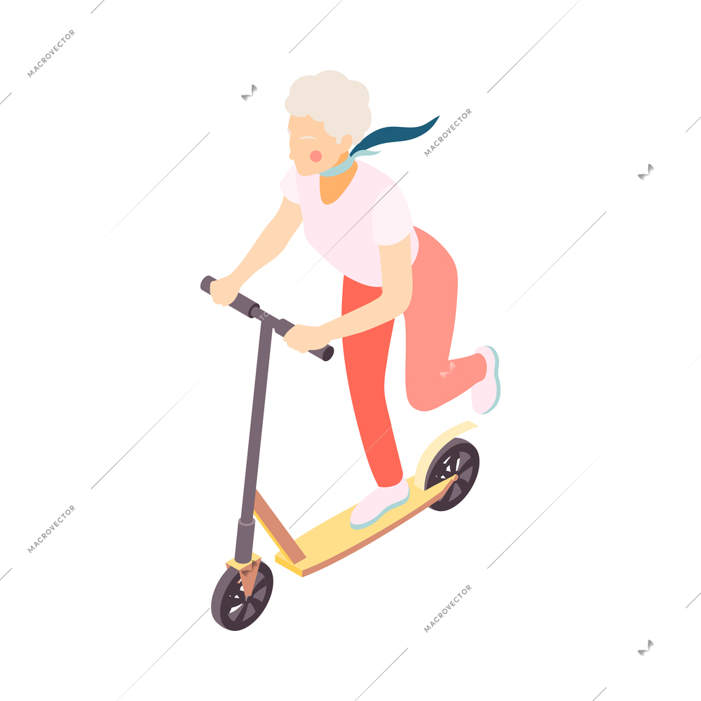 Modern elderly people isometric composition with human character of old woman riding kickboard vector illustration