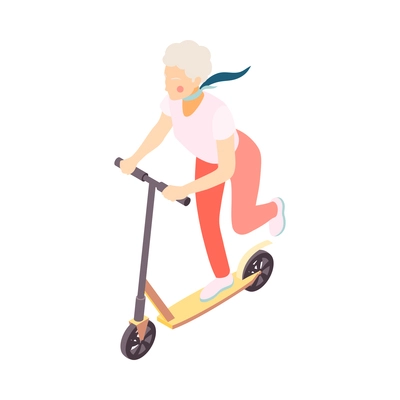 Modern elderly people isometric composition with human character of old woman riding kickboard vector illustration