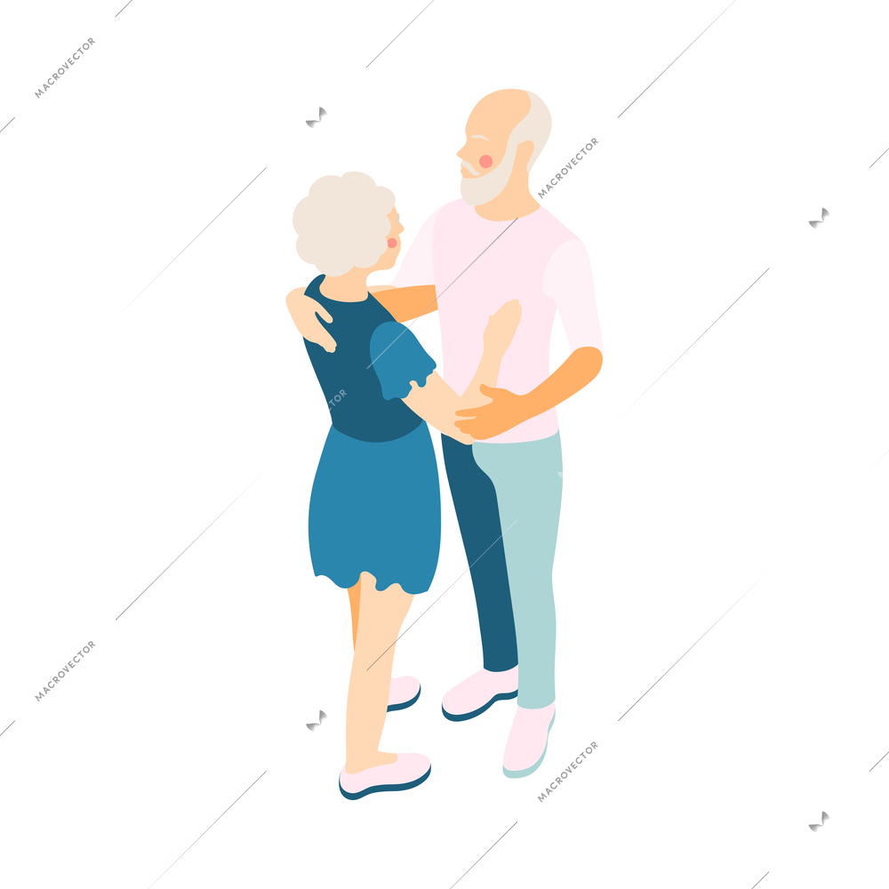 Modern elderly people isometric composition with human characters of old man and woman dancing in pair vector illustration