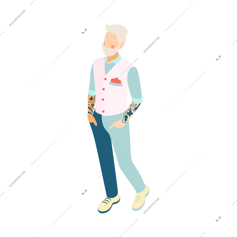 Modern elderly people isometric composition with human character of old tattooed man wearing fashionable clothes vector illustration