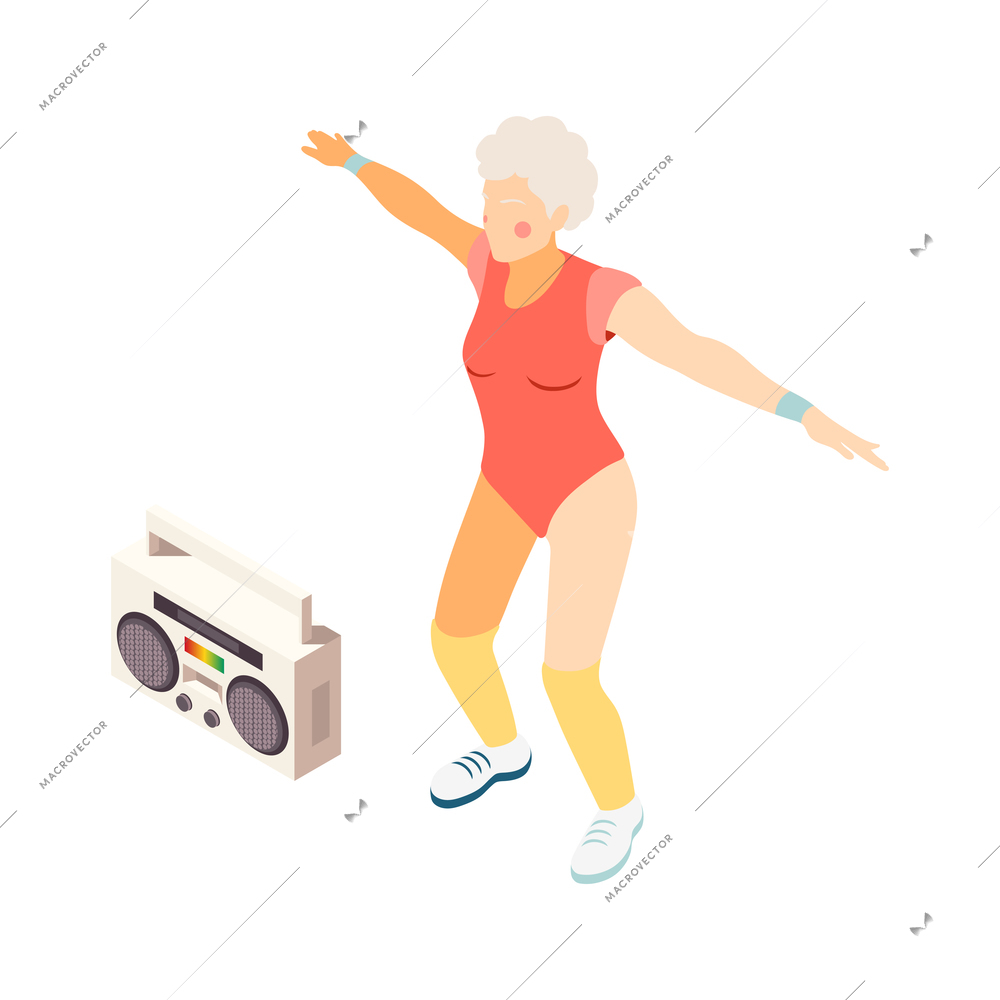 Modern elderly people isometric composition with human character of old woman dancing with boombox vector illustration