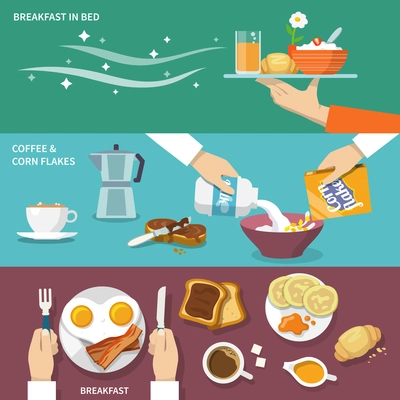 Breakfast banner flat set with coffee corn flakes bed isolated vector illustration