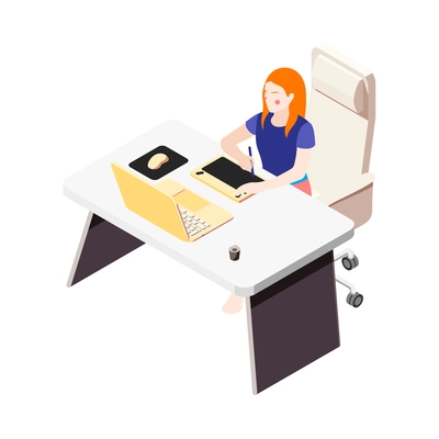 Women and technology isometric composition with character of woman at workplace drawing on graphic tablet vector illustration