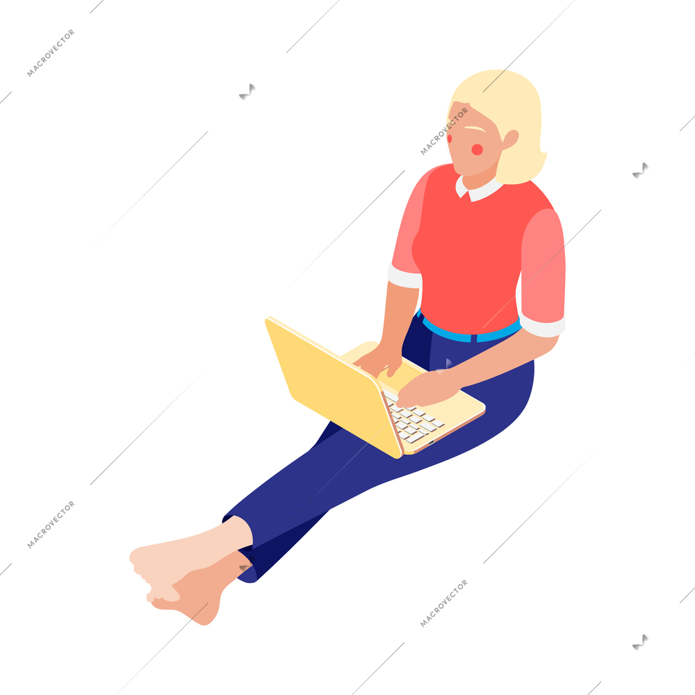 Women and technology isometric composition with female character sitting on floor holding laptop vector illustration