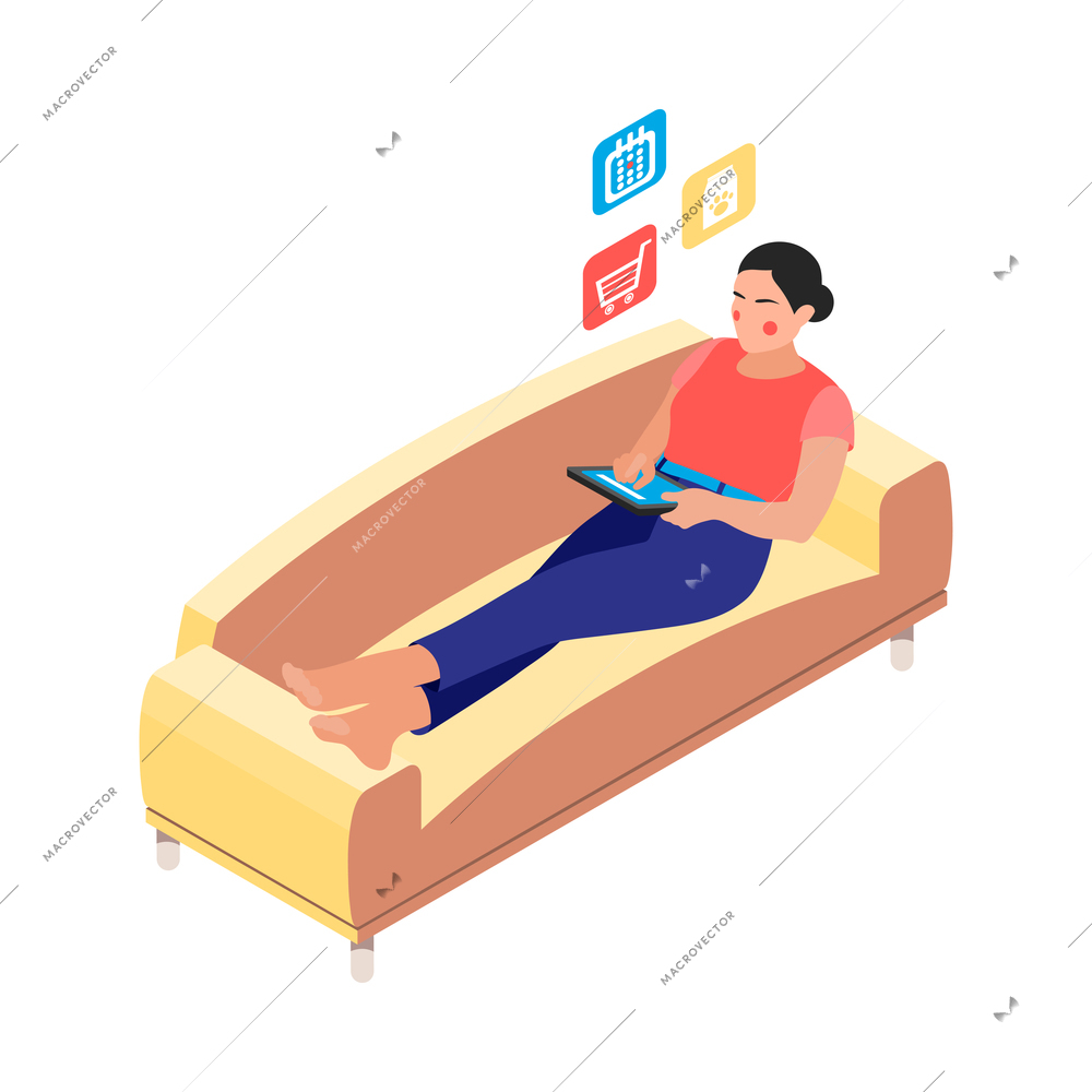 Women and technology isometric composition with character of woman relaxing on sofa using tablet apps vector illustration