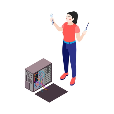 Women and technology isometric composition with computer and female character holding wrench and soldering copper vector illustration