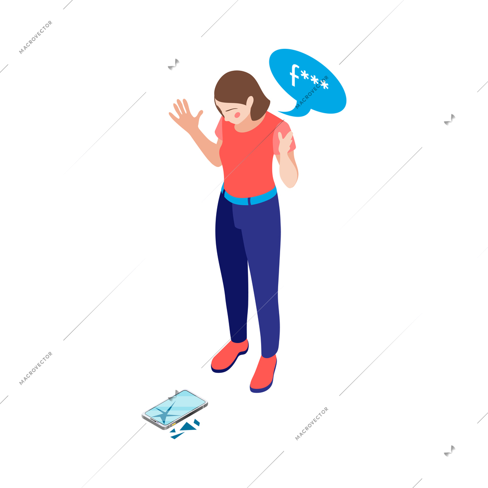 Women and technology isometric composition with character of distracted woman and fallen smartphone with broken screen vector illustration