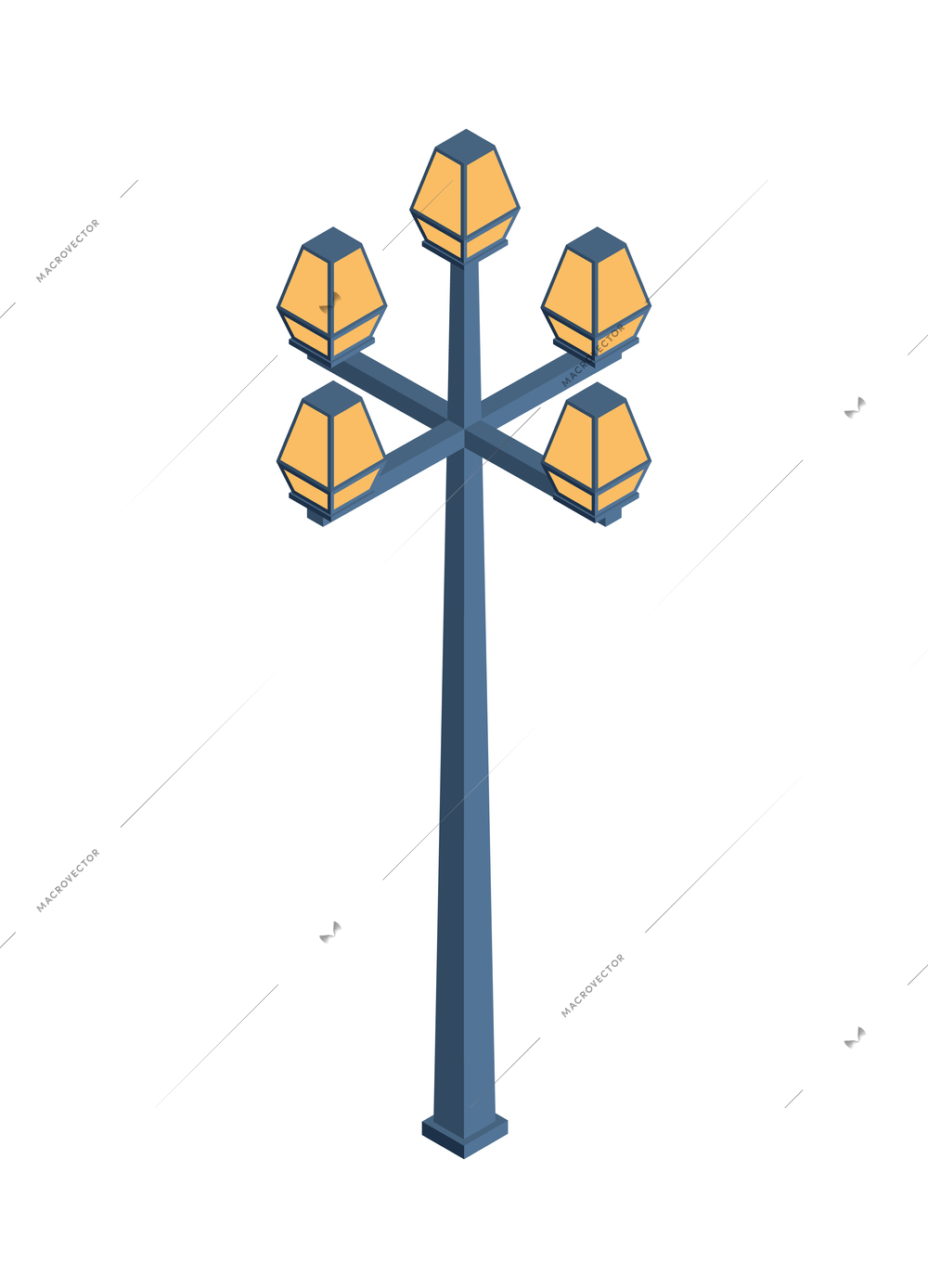 Isometric city park elements composition with isolated image of five lamp post on blank background vector illustration