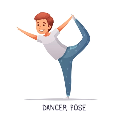 Kids yoga composition with text and isolated character of cartoon boy in danger pose vector illustration