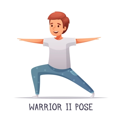 Kids yoga composition with text and isolated character of cartoon boy in warrior pose vector illustration