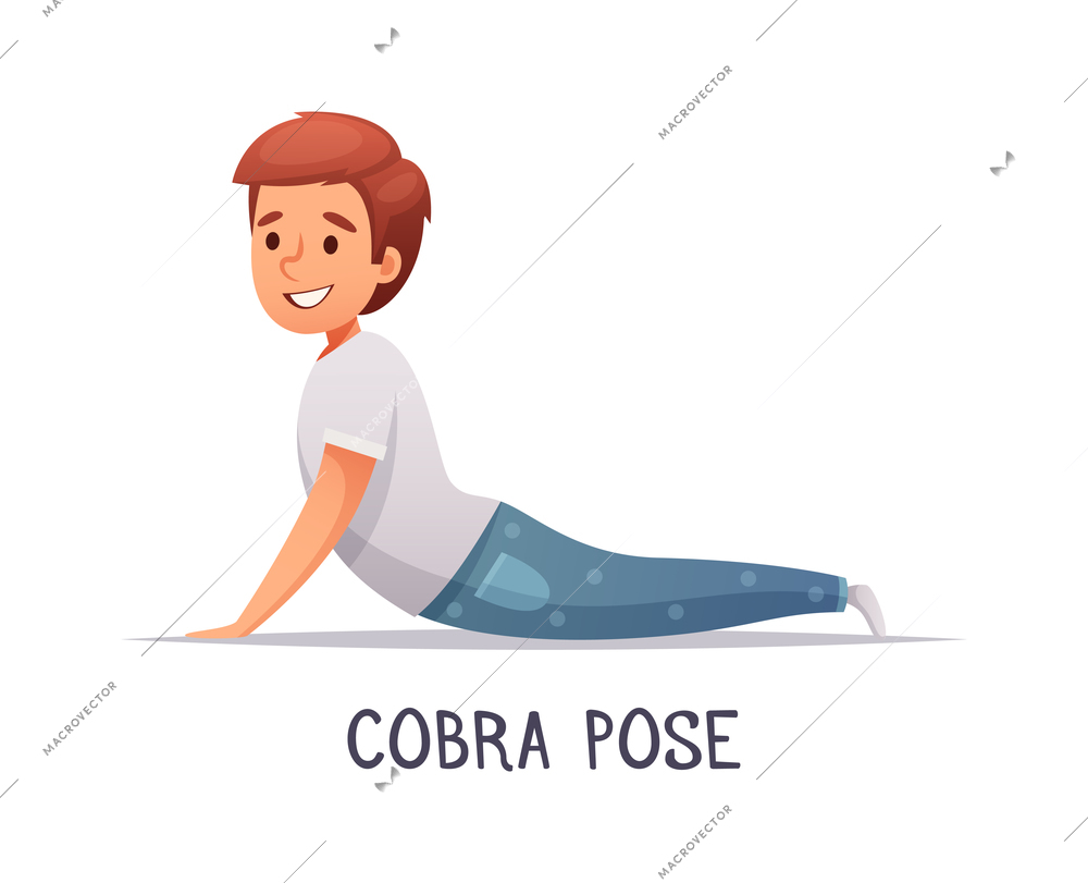 Kids yoga composition with text and isolated character of cartoon boy in cobra pose vector illustration