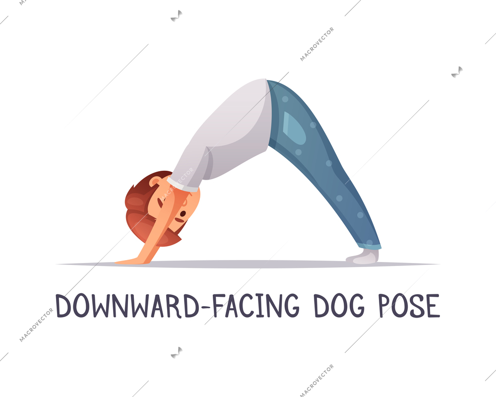 Kids yoga composition with text and isolated character of cartoon boy in downward facing dog pose vector illustration