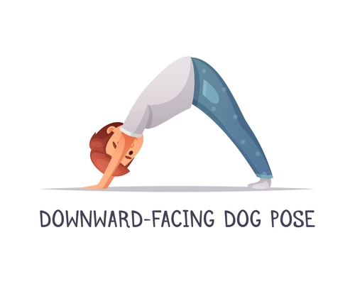 Kids yoga composition with text and isolated character of cartoon boy in downward facing dog pose vector illustration